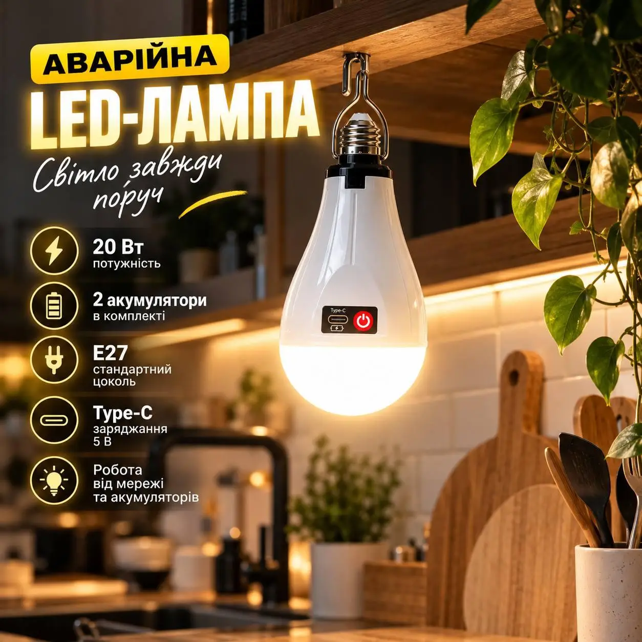 Аварійна LED-лампа Y6920 20 Вт E27 з гачком, 2 акумуляторами та Type-C — фото 4